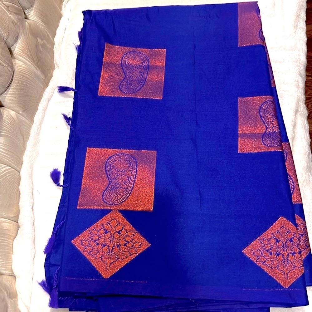 Elegant Royal Blue Dress Fabric with Copper Motif